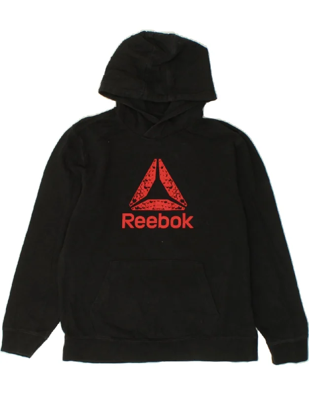 REEBOK Boys Graphic Hoodie Jumper 11-12 Years Large Black Cotton