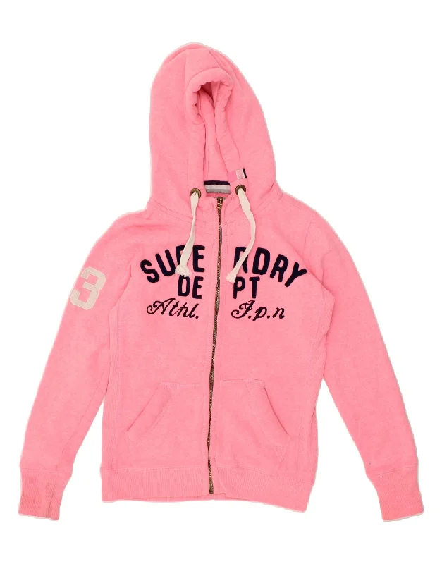 SUPERDRY Womens Graphic Zip Hoodie Sweater UK 6 XS Pink Cotton