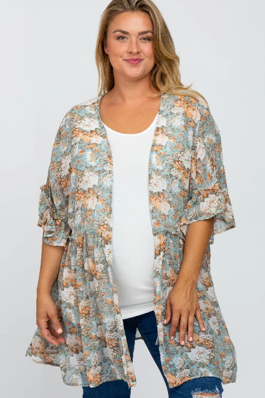 Blue Floral Ruffle Hem Maternity Plus Cover Up