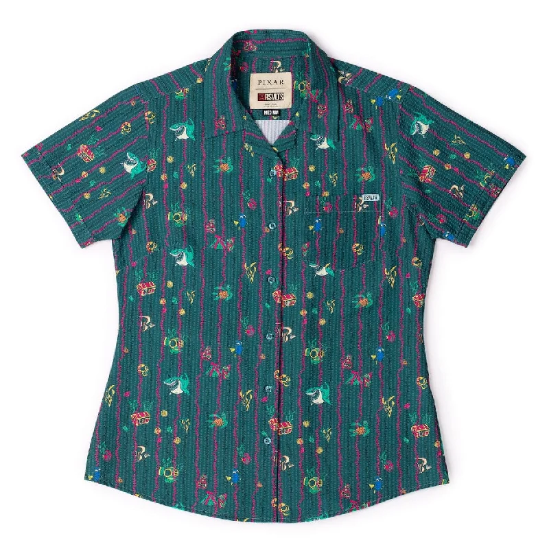 Disney and Pixar Finding Nemo ""Shark Bait’s Buds"" – Women's Stretch Seersucker Short Sleeve Shirt