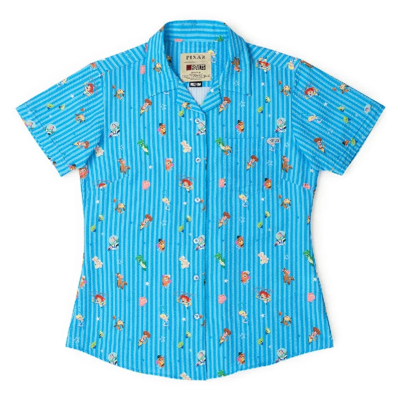 Disney and Pixar Toy Story ""Andy's Playtime Pals"" – Women's Stretch Seersucker Short Sleeve Shirt