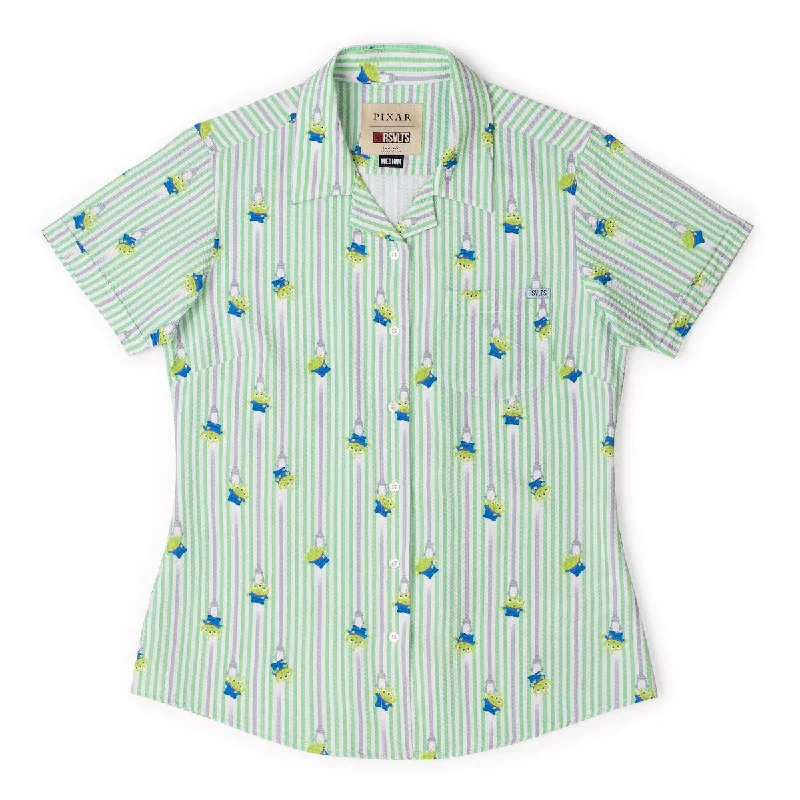 Disney and Pixar Toy Story ""The Claaaaaw"" – Women's Stretch Seersucker Short Sleeve Shirt