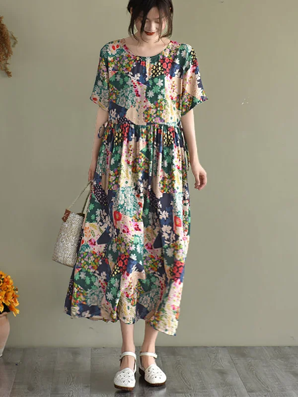 Plus Size Floral Prints Short Sleeve Summer Loose Dress