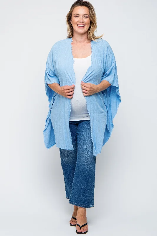 Light Blue Fringe Maternity Plus Dolman Sleeve Cover Up