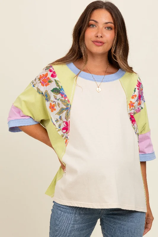 Lime Floral Colorblock Raw Hem Maternity Oversized Top