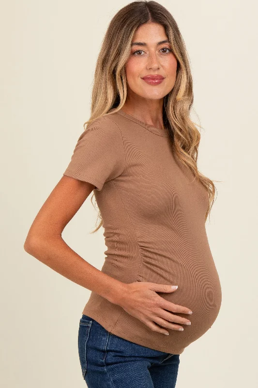 Mocha Ruched Micro-Rib Maternity Top