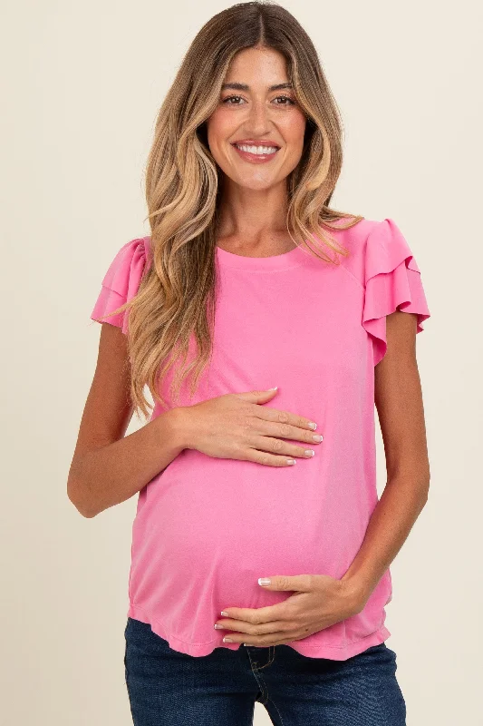 Pink Ruffle Short Sleeve Maternity Top