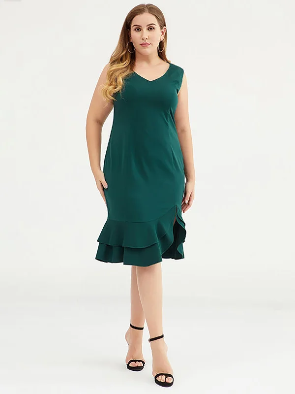 Plus Size Fashion Solid Color V-Neck Sleeveless Dress