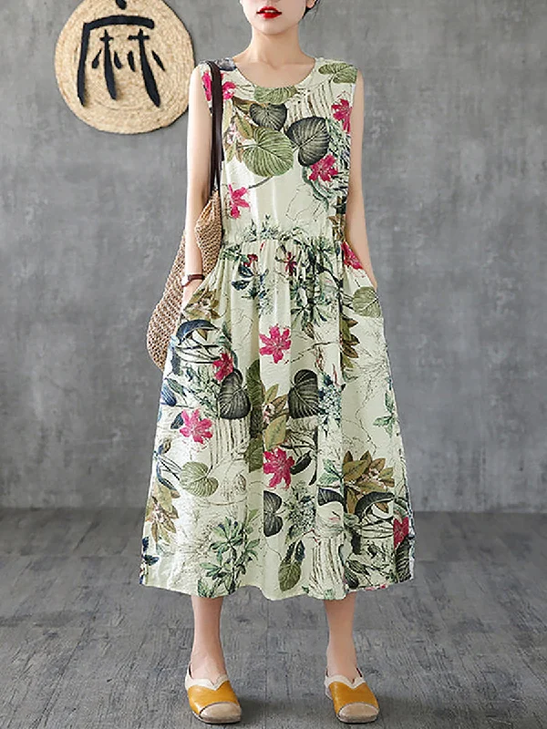 Plus Size Summer Casual Floral Printed Cotton Sleeveless Pinafore Dress