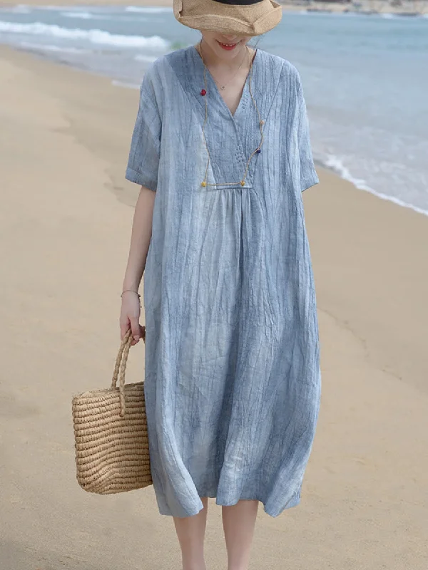 Plus Size V Neck Vintage Linen Women Loose Dress