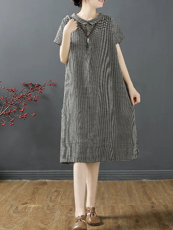 Plus Size Women Summer Retro Lattice Button Polo Collar Loose Dress