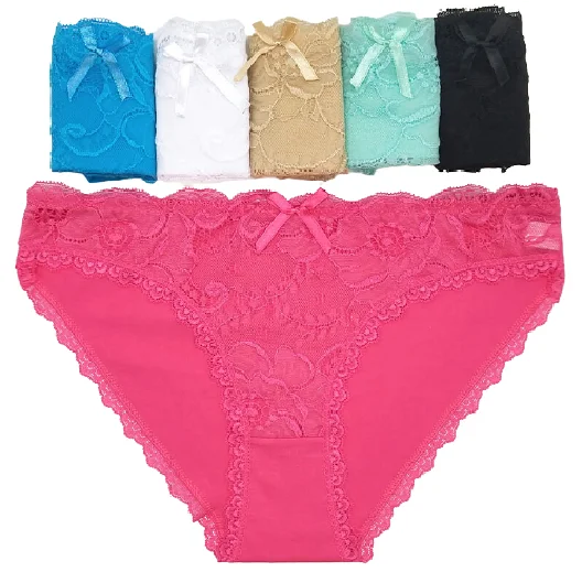 6 x Womens Lace Front Cotton Back Briefs - Undies Bikini Coloured Underwear Tied bikini top, Adjustable, Comfortable, Trendy
