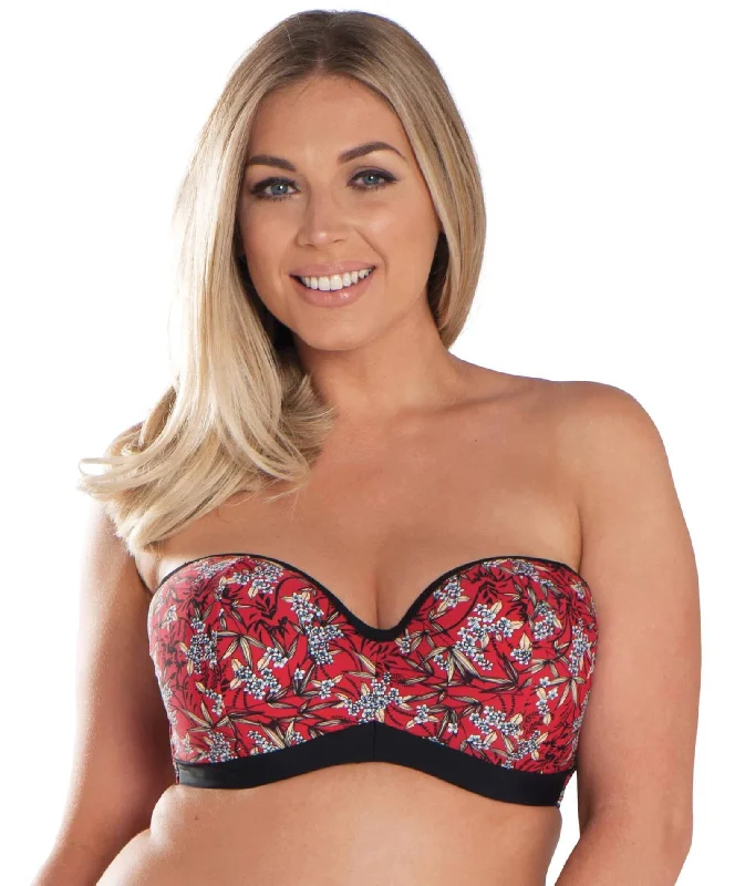 Curvy Kate Maya Bandeau Bikini Top - Red Print Ruffled bottom bikini, Feminine, Trendy, Sexy