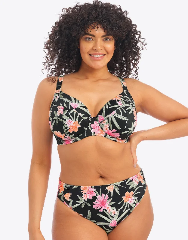 Elomi Dark Tropics Plunge Bikini Top Black Ribbed bikini set, Textured, Comfortable, Trendy