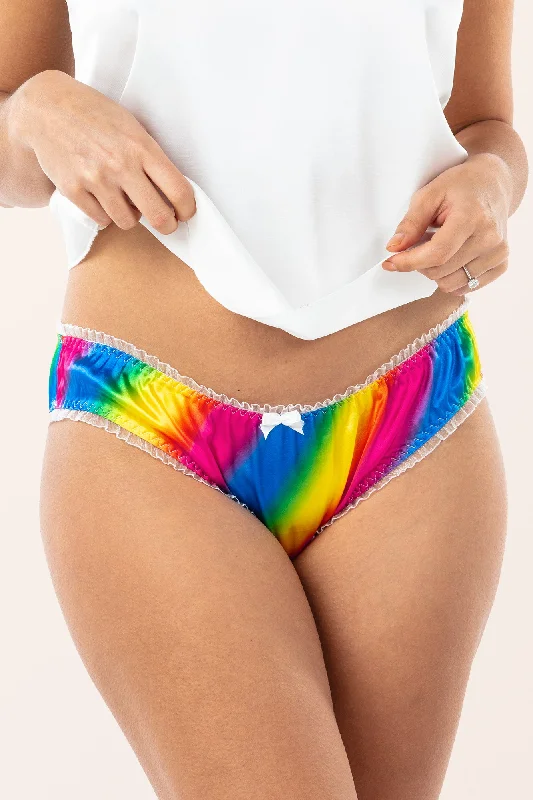 Satin Frilly Bikini Briefs - Rainbow Full-coverage bikini, Modest, Comfortable, Sexy Satin Frilly Bikini Briefs - Rainbow Full-coverage bikini, Modest, Comfortable, Sexy