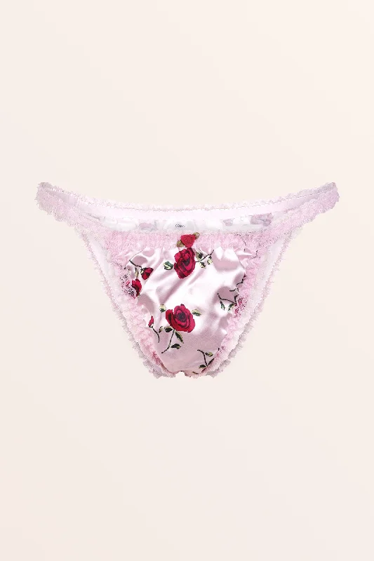 Satin Lace Tanga Bikini Briefs - Pink Red Roses Front knot bikini, Sexy, Chic, Trendy Satin Lace Tanga Bikini Briefs - Pink Red Roses Front knot bikini, Sexy, Chic, Trendy
