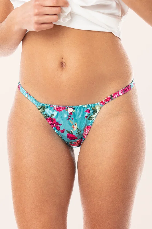 Satin Tanga Bikini Briefs - Turquoise Pink Floral Bikini with straps, Adjustable, Sexy, Trendy Satin Tanga Bikini Briefs - Turquoise Pink Floral Bikini with straps, Adjustable, Sexy, Trendy