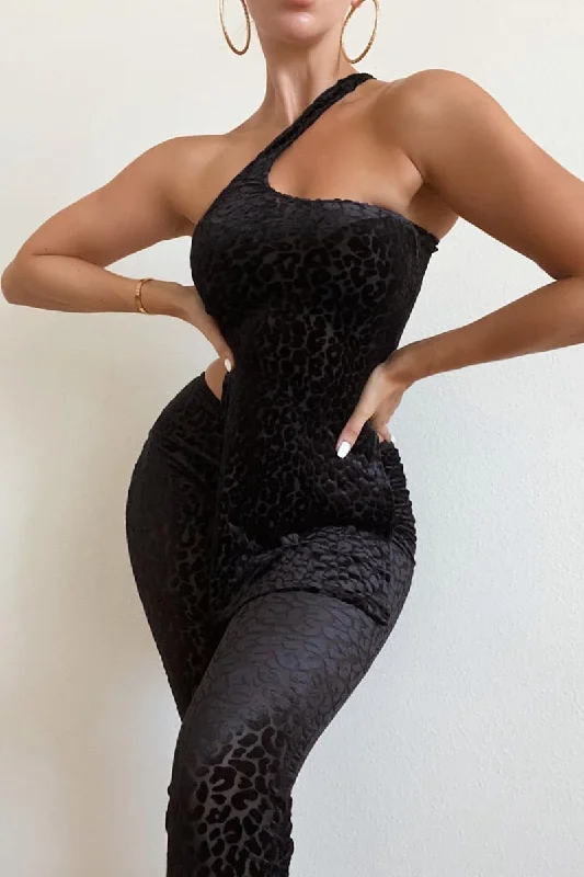 Black Velvet One Shoulder Leopard Print Mesh Jumpsuit Summer boho jumpsuit, Relaxed fit, Comfortable, Stylish Black Velvet One Shoulder Leopard Print Mesh Jumpsuit Summer boho jumpsuit, Relaxed fit, Comfortable, Stylish