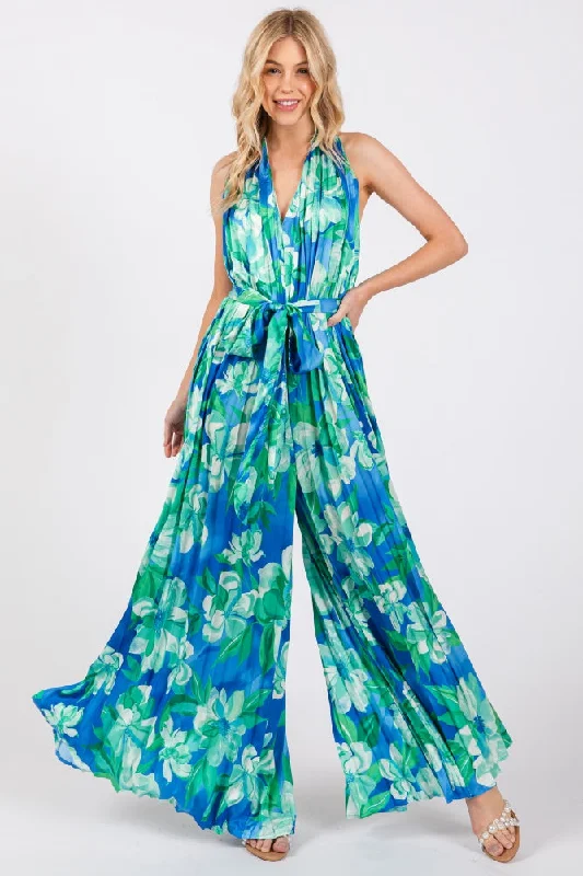 Blue Floral Pleated Halter Jumpsuit Color block jumpsuit, Bold design, Street style, Fashionable Blue Floral Pleated Halter Jumpsuit Color block jumpsuit, Bold design, Street style, Fashionable