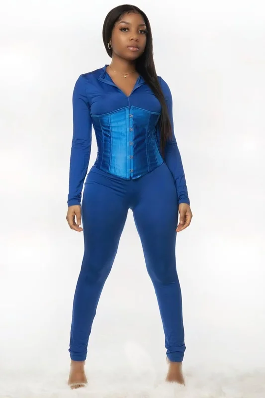 Blue Long Sleeve Corset Jumpsuit Button-up jumpsuit, Relaxed fit, Trendy, Comfortable Blue Long Sleeve Corset Jumpsuit Button-up jumpsuit, Relaxed fit, Trendy, Comfortable