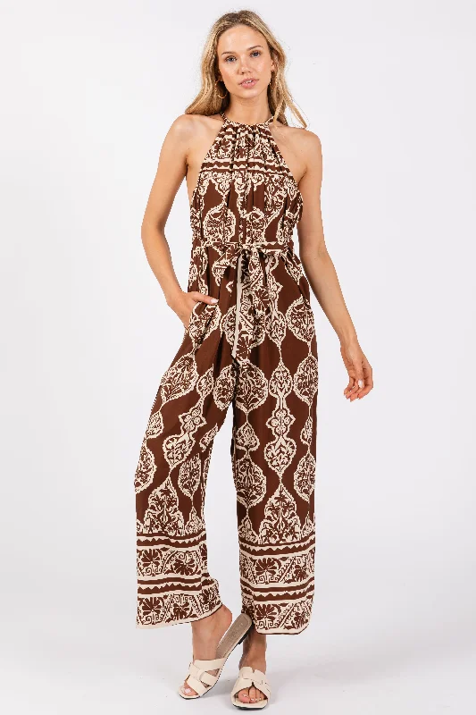Brown Border Print Front Tie Halter Jumpsuit V-neck jumpsuit, Sexy, Comfortable, Stylish Brown Border Print Front Tie Halter Jumpsuit V-neck jumpsuit, Sexy, Comfortable, Stylish