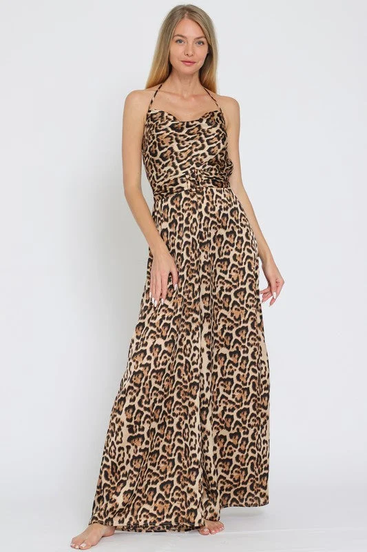 Celeste Sleeveless Cowl Neck Leopard Print Jumpsuit Brown Strap jumpsuit, Simple design, Trendy, Casual Celeste Sleeveless Cowl Neck Leopard Print Jumpsuit Brown Strap jumpsuit, Simple design, Trendy, Casual