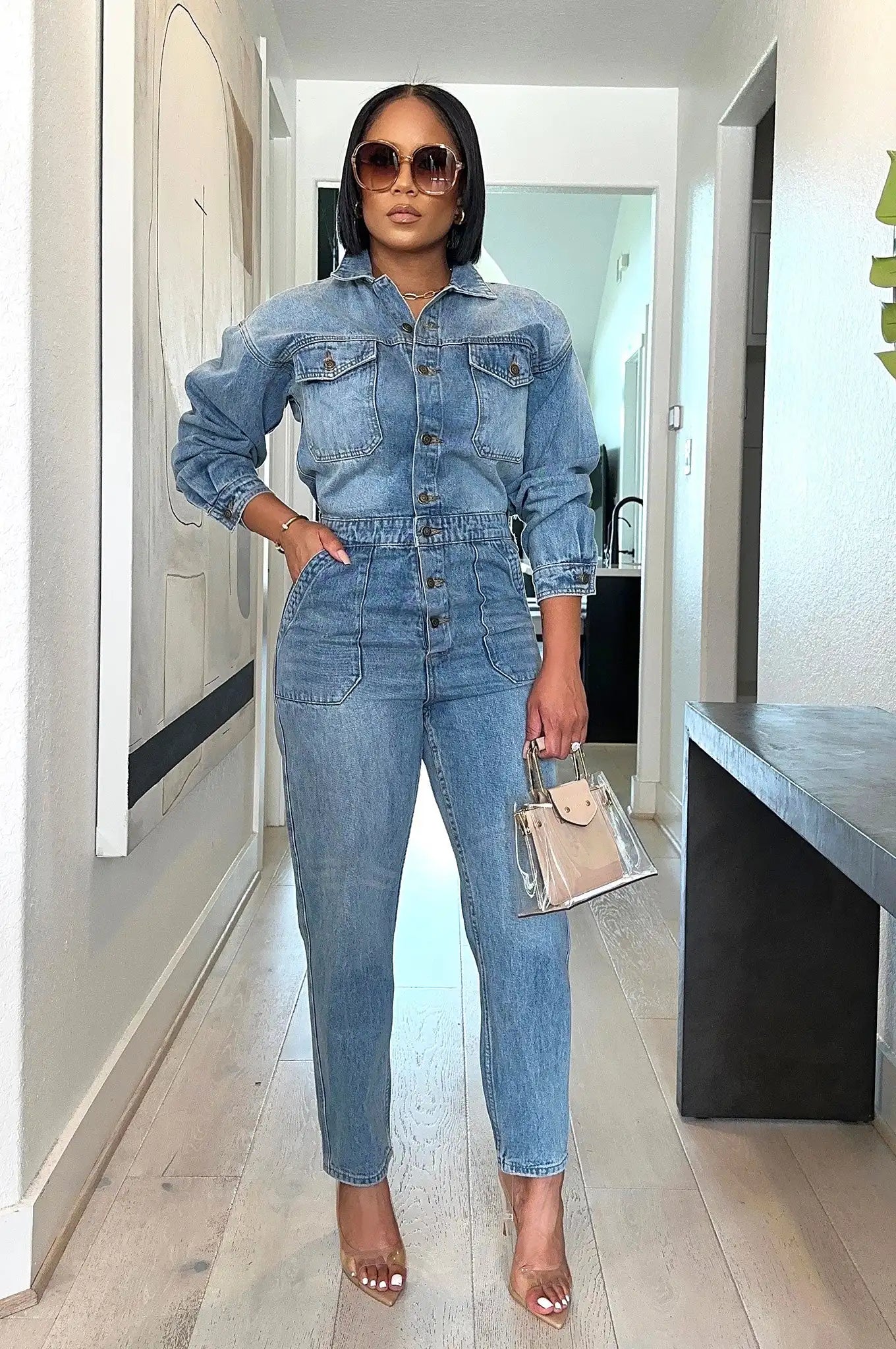 Blue Waters Stretch Cotton Womens Denim Jumpsuit Polka dot jumpsuit, Playful print, Trendy, Fashionable Blue Waters Stretch Cotton Womens Denim Jumpsuit Polka dot jumpsuit, Playful print, Trendy, Fashionable