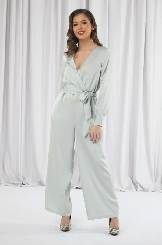 Double Second Sage Lux Satin Wrap Jumpsuit Jumpsuit with pockets, Practical, Comfortable, Casual Double Second Sage Lux Satin Wrap Jumpsuit Jumpsuit with pockets, Practical, Comfortable, Casual
