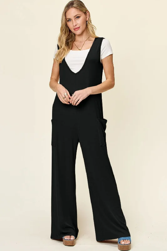 Double Take Full Size Sleeveless Wide Leg Jumpsuit with Pockets Jumpsuit with belt, Slim fit, Trendy, Comfortable Double Take Full Size Sleeveless Wide Leg Jumpsuit with Pockets Jumpsuit with belt, Slim fit, Trendy, Comfortable