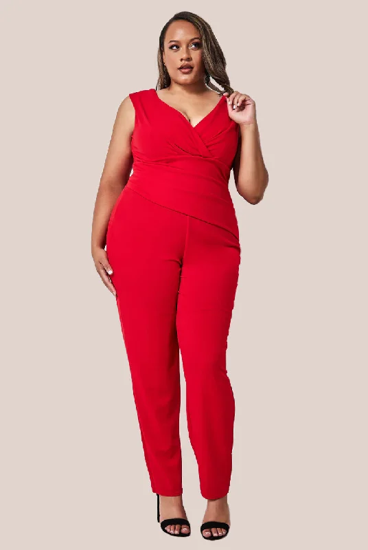 Goddiva Plus Bardot Scuba Jumpsuit - Red Floral jumpsuit, Summer vibes, Feminine, Casual Goddiva Plus Bardot Scuba Jumpsuit - Red Floral jumpsuit, Summer vibes, Feminine, Casual
