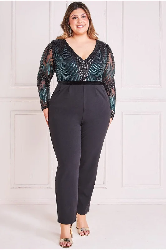 Goddiva Plus Sequin & Mesh Jumpsuit - Emerald Green V-neck jumpsuit, Sexy, Comfortable, Chic Goddiva Plus Sequin & Mesh Jumpsuit - Emerald Green V-neck jumpsuit, Sexy, Comfortable, Chic