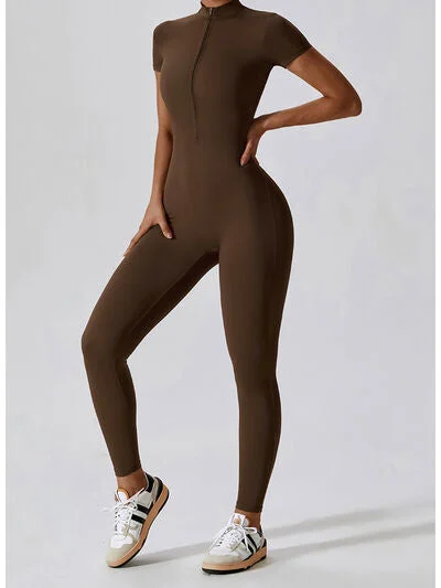 Half Zip Short Sleeve Active Jumpsuit Satin jumpsuit, Luxurious fabric, Glamorous, Evening wear Half Zip Short Sleeve Active Jumpsuit Satin jumpsuit, Luxurious fabric, Glamorous, Evening wear
