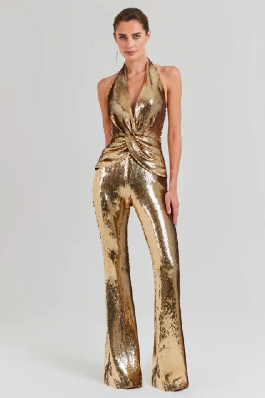 Halter Draped Sequin Jumpsuit Ruffle sleeve jumpsuit, Feminine, Elegant, Chic