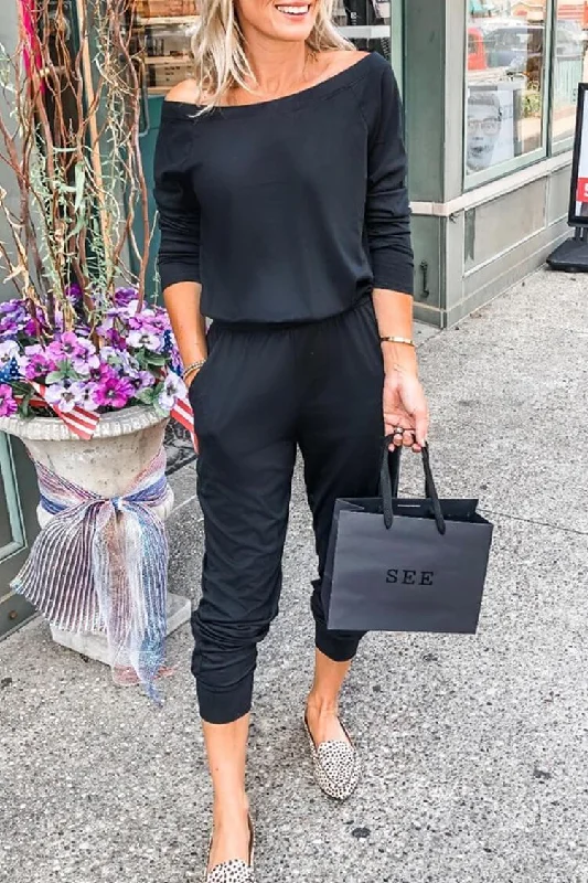 Versatile Black Off Shoulder Elastic Waist Stretchy Loose Jumpsuit White jumpsuit, Classic style, Elegant, Summer wear Versatile Black Off Shoulder Elastic Waist Stretchy Loose Jumpsuit White jumpsuit, Classic style, Elegant, Summer wear