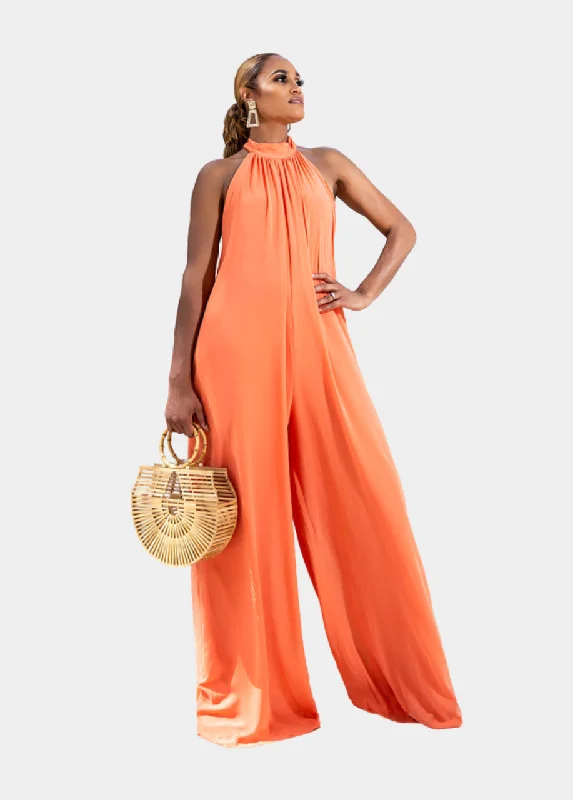 Panama Halter Wide Leg Jumpsuit - Peach Silk jumpsuit, Luxurious fabric, Elegant, Evening wear Panama Halter Wide Leg Jumpsuit - Peach Silk jumpsuit, Luxurious fabric, Elegant, Evening wear