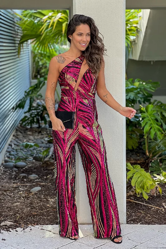Raspberry Sequin Asymmetric Top Jumpsuit Floral jumpsuit, Feminine, Summer vibes, Trendy Raspberry Sequin Asymmetric Top Jumpsuit Floral jumpsuit, Feminine, Summer vibes, Trendy