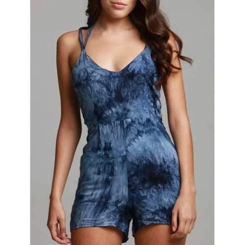 Blue Spaghetti Strap Backless Tie Dye Playsuit - Blue S Boho style jumpsuit, Comfortable, Relaxed fit, Trendy Blue Spaghetti Strap Backless Tie Dye Playsuit - Blue S Boho style jumpsuit, Comfortable, Relaxed fit, Trendy