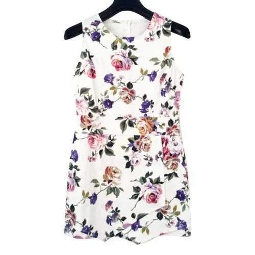 Sweet Style Jewel Neck Floral Print Sleeveless Playsuit For Women - White S Printed floral jumpsuit, Summer, Relaxed fit, Comfortable Sweet Style Jewel Neck Floral Print Sleeveless Playsuit For Women - White S Printed floral jumpsuit, Summer, Relaxed fit, Comfortable
