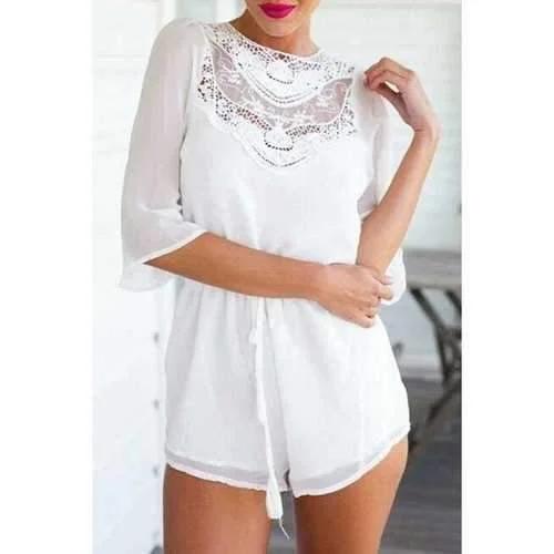 Stylish Jewel Neck Half Sleeve Lace Spliced Solid Color Backless Women's Playsuit - White L Sleeveless jumpsuit, Elegant, Fashionable, Comfortable Stylish Jewel Neck Half Sleeve Lace Spliced Solid Color Backless Women's Playsuit - White L Sleeveless jumpsuit, Elegant, Fashionable, Comfortable