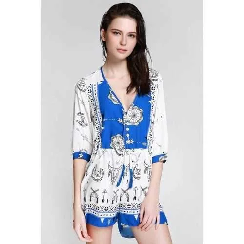 Stylish Plunging Neck 3/4 Sleeve Ethnic Print Women's Playsuit - Blue And White L Formal jumpsuit, Elegant, Trendy, Chic Stylish Plunging Neck 3/4 Sleeve Ethnic Print Women's Playsuit - Blue And White L Formal jumpsuit, Elegant, Trendy, Chic