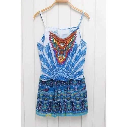 Stylish Cami Ethnic Print Beaded Women's Playsuit - Blue S Satin halter jumpsuit, Glamorous, Fashionable, Nightwear Stylish Cami Ethnic Print Beaded Women's Playsuit - Blue S Satin halter jumpsuit, Glamorous, Fashionable, Nightwear