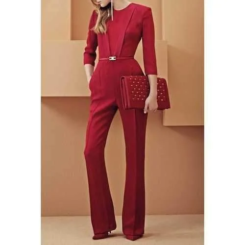 Fashionable Jewel Neck Solid Color 3/4 Sleeve Jumpsuit For Women - Red S Solid color jumpsuit, Sleek, Minimalist, Trendy Fashionable Jewel Neck Solid Color 3/4 Sleeve Jumpsuit For Women - Red S Solid color jumpsuit, Sleek, Minimalist, Trendy