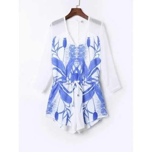 Stylish V-Neck Long Sleeve Floral Print Drawstring Design Women's Playsuit - White L Silk satin jumpsuit, Elegant, Luxurious, Evening wear Stylish V-Neck Long Sleeve Floral Print Drawstring Design Women's Playsuit - White L Silk satin jumpsuit, Elegant, Luxurious, Evening wear
