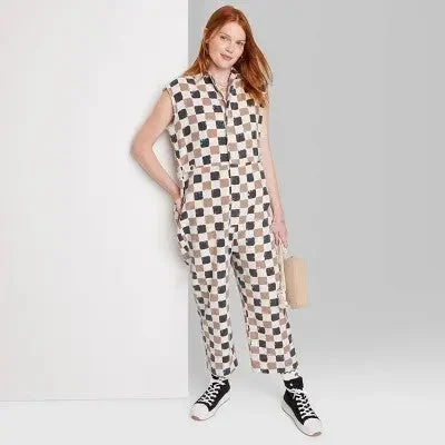 Women's Ascot + Hart Checkered Graphic Jumpsuit Zipper jumpsuit, Trendy, Chic, Comfortable Women's Ascot + Hart Checkered Graphic Jumpsuit Zipper jumpsuit, Trendy, Chic, Comfortable