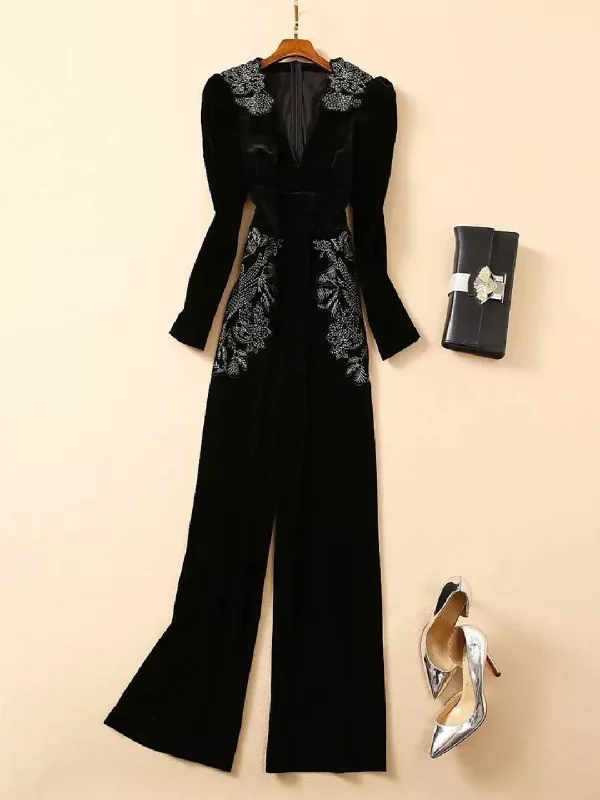 2024 Spring Designer Velvet Jumpsuit Women's V-neck Bubble Sleeve Black Gold Embroidered Wide Leg Back zipper jumpsuit, Sleek, Chic, Comfortable