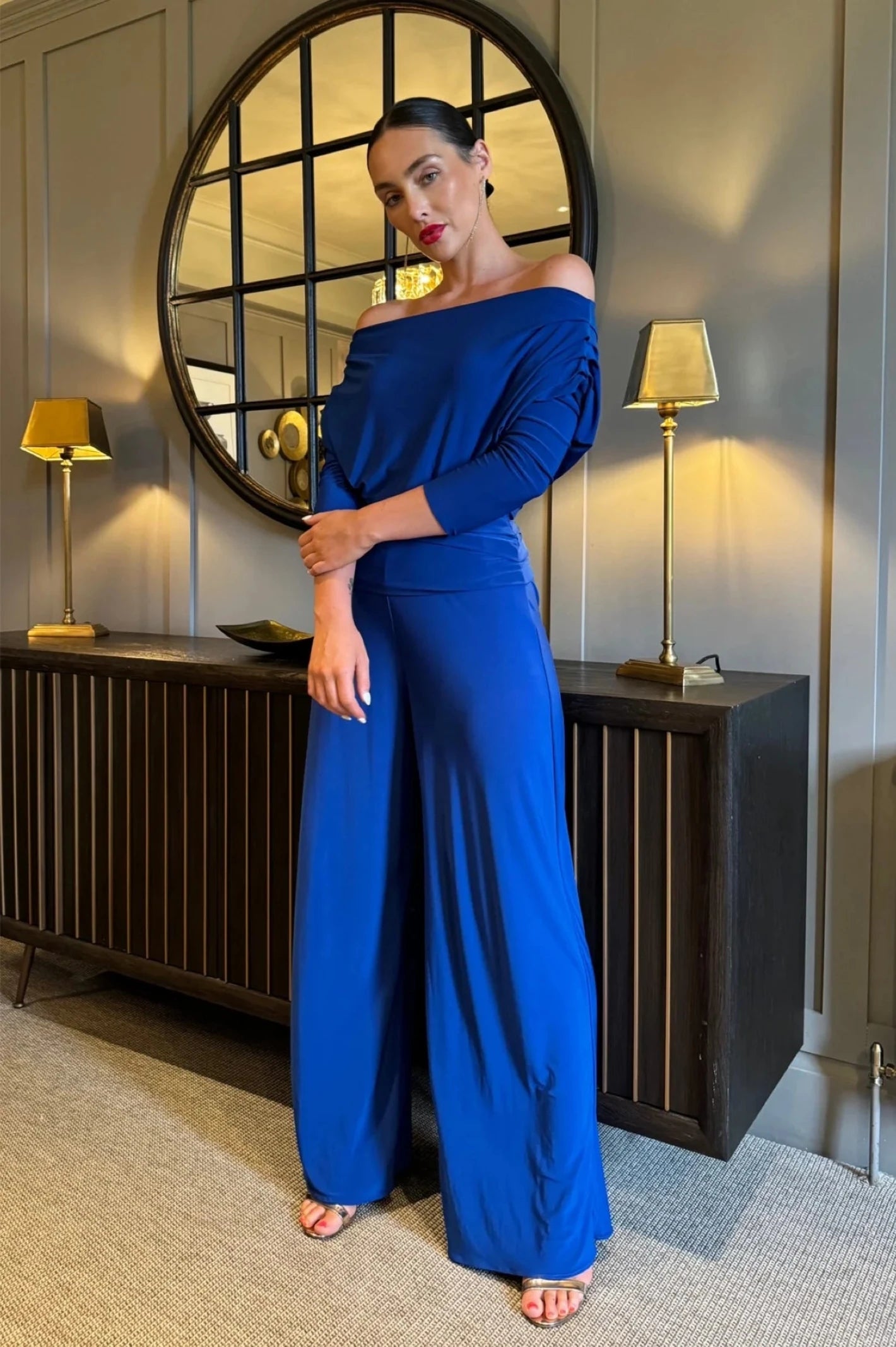 ATOM LABEL Carbon Jersey Jumpsuit with Sleeve in Cobalt (Regular Length) Striped wide leg jumpsuit, Relaxed fit, Comfortable, Fashionable ATOM LABEL Carbon Jersey Jumpsuit with Sleeve in Cobalt (Regular Length) Striped wide leg jumpsuit, Relaxed fit, Comfortable, Fashionable