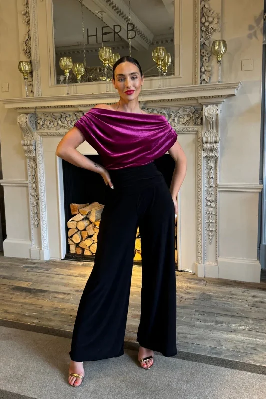 ATOM LABEL CARBON JUMPSUIT IN MAGENTA VELVET & BLACK Tailored black jumpsuit, Chic, Elegant, Professional ATOM LABEL CARBON JUMPSUIT IN MAGENTA VELVET & BLACK Tailored black jumpsuit, Chic, Elegant, Professional