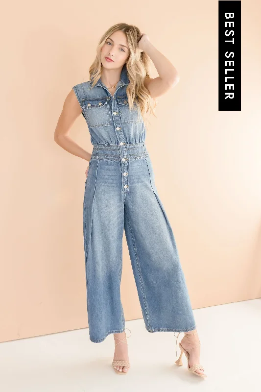 Becca Sleeveless Button Down Denim Jumpsuit Medium Wash Print jumpsuit, Bold patterns, Trendy, Casual