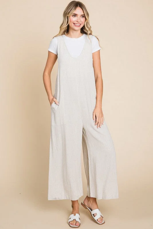 Beige V-Neck Wide Leg Jumpsuit Sporty jumpsuit, Athletic, Casual, Trendy