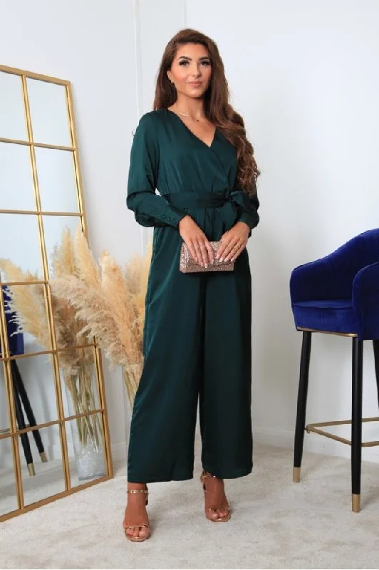Double Second Bottle Green Lux Satin Wrap Jumpsuit Skirted jumpsuit, Elegant, Feminine, Chic Double Second Bottle Green Lux Satin Wrap Jumpsuit Skirted jumpsuit, Elegant, Feminine, Chic